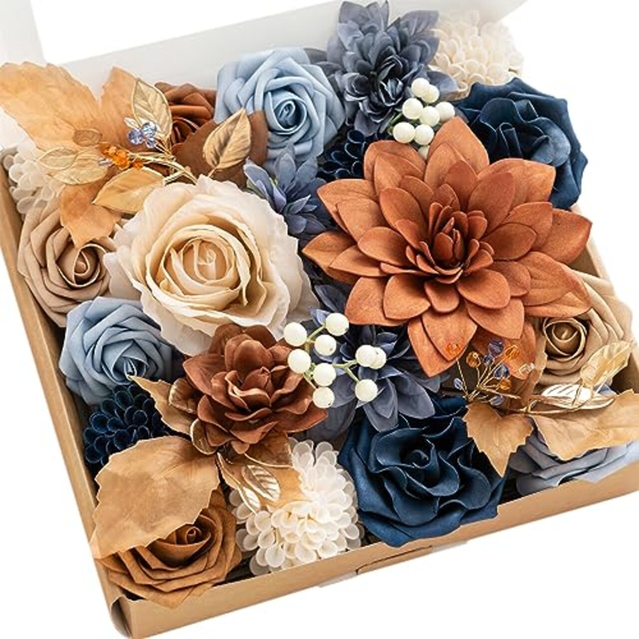 Ling's Moment Burnt Orange & Navy Artificial Flowers and Greenery Grand Combo Box Set, Terracotta Fake Flower for DIY Wedding Bridal Bouquet, Centerpieces Decor, Floral Arrangement Decor, etc.